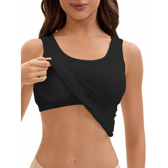 Women's Wide Strap Camisoles with Built-In Padded Bras Casual Tank Tops L Black