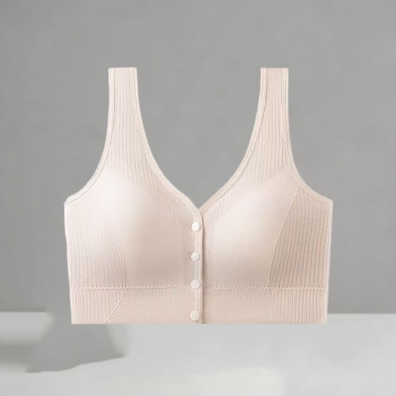 Women's Wide Strap Front Snap Comfortable Bra, Stretchy Wireless Daily Wear Bralette Beige One Size