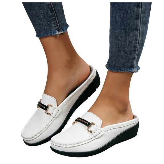 Women's Wide Toe Box Leather Mules Slip On Casual Backless Driving Loafers Comfortable Slide Dress Shoes White Size 8