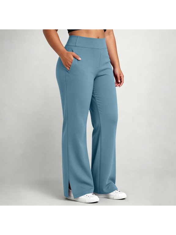 Women's Wide Waistband Pull On Split Hem Flare Leg Pants Elastic High Rise Relaxed Fit Pants for Women Blue 5XL