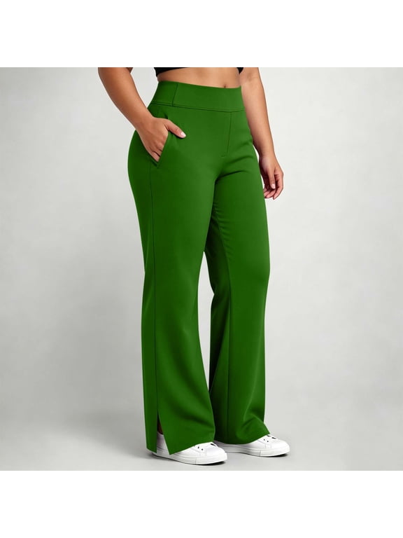 Women's Wide Waistband Pull On Split Hem Flare Leg Pants Elastic High Rise Relaxed Fit Pants for Women Green L