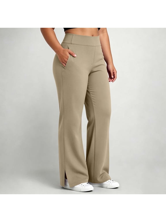 Women's Wide Waistband Pull On Split Hem Flare Leg Pants Elastic High Rise Relaxed Fit Pants for Women Khaki L