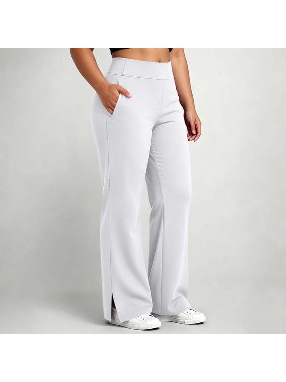 Women's Wide Waistband Pull On Split Hem Flare Leg Pants Elastic High Rise Relaxed Fit Pants for Women White XL