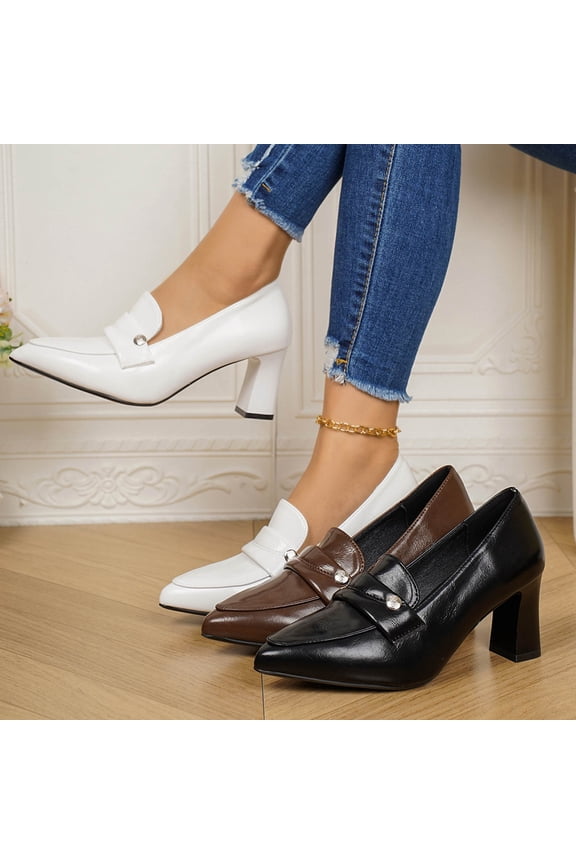 Women's Wide Width Block Heel Pumps, Breathable Faux Leather Pointed Toe Shoes with Decorative Strap, Comfortable Chunky Heel Dress Shoes for Work, Party, Daily Wear - Black/White/Brown