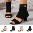 thumbnail image 1 of Women's Wide Width Block Heel Sandals, Breathable Suede Open Toe Ankle Boots with Metal Buckle, Comfortable Chunky Sole Dress Shoes for Party, Work, Daily Wear - Black/Beige, 1 of 10