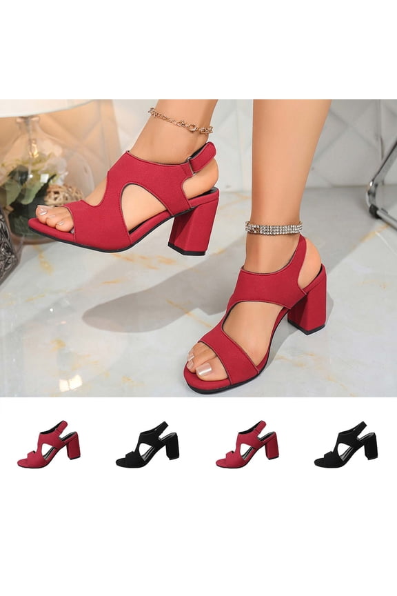 Women's Wide Width Block Heel Sandals, Cutout Design Velcro Peep Toe Dress Shoes, Comfortable Casual Summer Heels, Red/Black