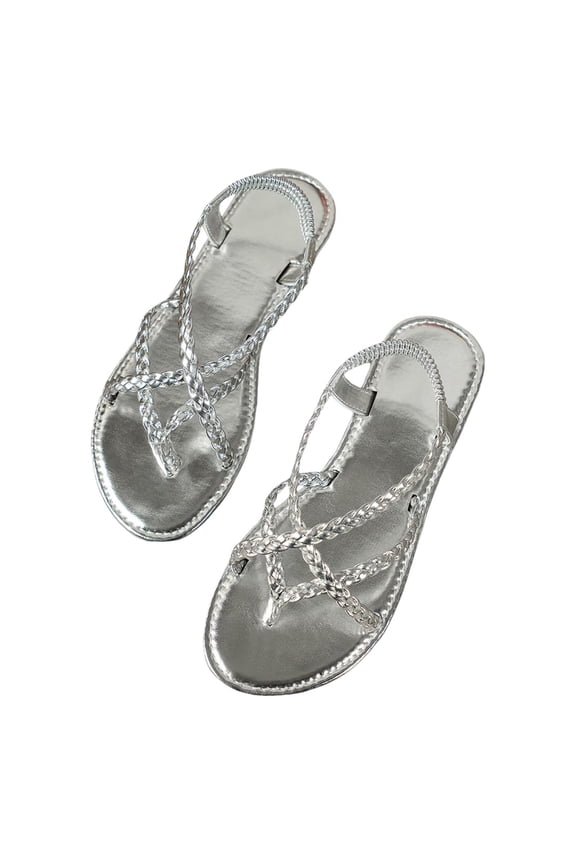 Women's Wide Width Bohemian Flat Sandals Casual Woven Strappy Sandals Slip On Summer Flip Flop Beach Shoes Silver Size 6