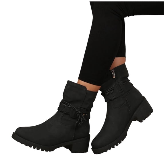 Women's Wide Width Boots Low Heel Side Zipper Slouchy Mid Calf Boots Comfortable Round Toe Fall Winter Casual Short Boots for Women