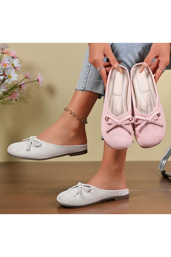 Women's Wide Width Bow Accent Mule Flats, Closed Toe Backless Slippers with Faux Suede Upper, Comfortable Casual Summer Shoes for Dress & Jeans, Multi-Color