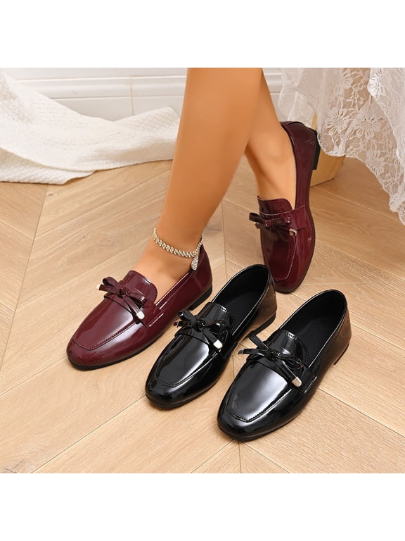 Women's Wide Width Bow Accent Patent Leather Loafers, Round Toe Slip-On Soft Sole Casual Dress Shoes for Spring & Fall, Black/Burgundy
