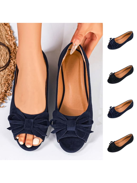 Women's Wide Width Bow Peep Toe Flats, Faux Suede Slip-On Casual Dress Shoes for Summer, Navy/Black