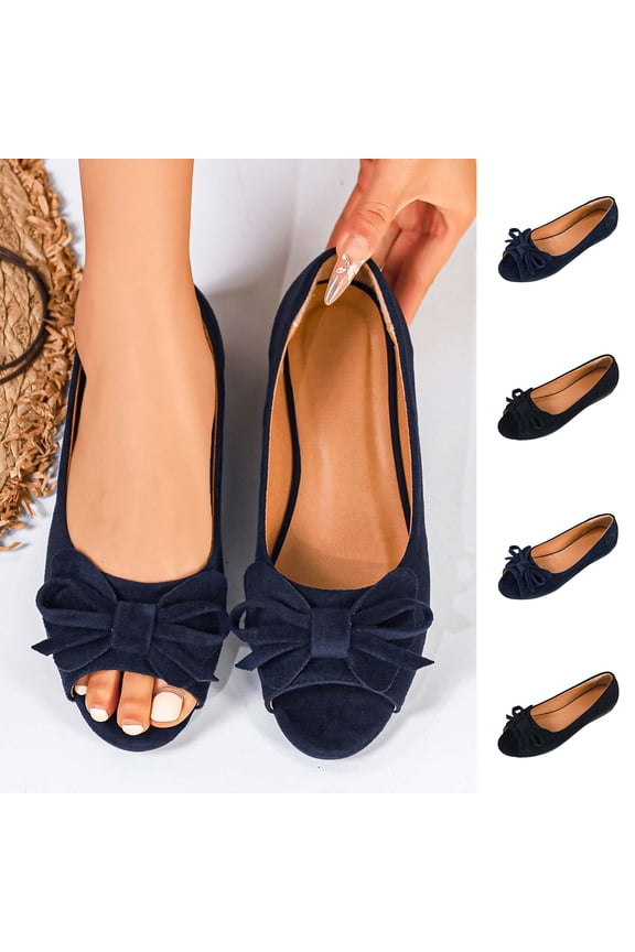 Women's Wide Width Bow Peep Toe Flats, Faux Suede Slip-On Casual Dress Shoes for Summer, Navy/Black