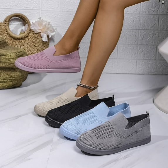 Women's Wide Width Breathable Knit Slip-On Shoes, Lightweight Soft Sole Casual Loafers for All Seasons, Multi-Color