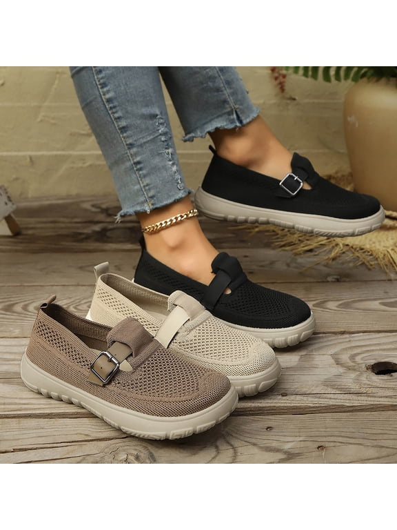 Women's Wide Width Breathable Knit Slip-On Shoes, Lightweight Soft Sole Casual Sneakers for All Seasons, Multi-Color