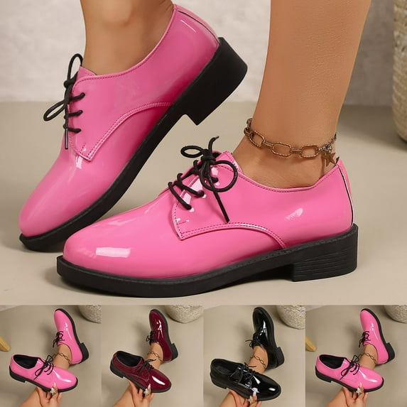 Women's Wide Width British-Style Oxford Shoes, Patent Leather Lace-Up Low Heel Comfortable Work Shoes for Spring & Summer, Multi-Color