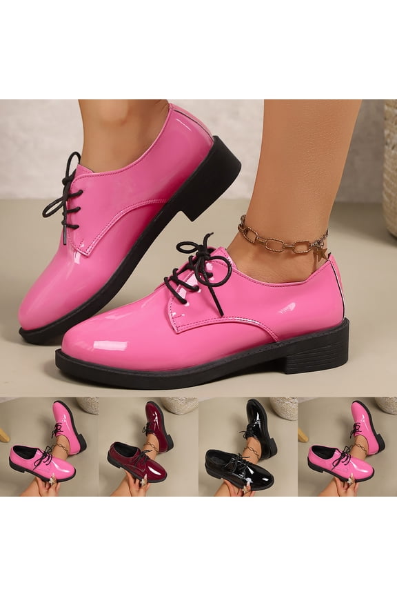 Women's Wide Width British-Style Oxford Shoes, Patent Leather Lace-Up Low Heel Comfortable Work Shoes for Spring & Summer, Multi-Color