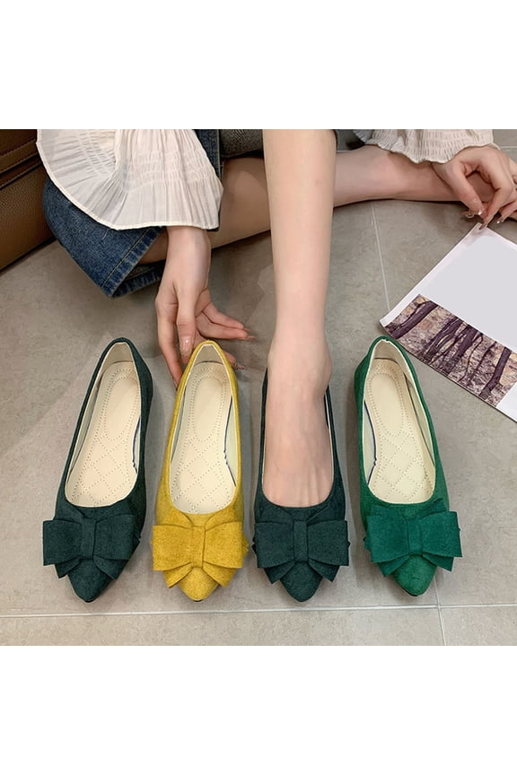 Women's Wide Width Candy Color Bow Pointed Toe Flats, Faux Suede Casual Dress Shoes for Spring & Fall, Multi-Color