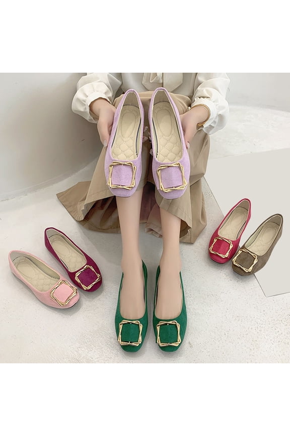 Women's Wide Width Candy Color Square Buckle Flats, Faux Suede Round Toe Casual Dress Shoes for Spring & Fall, Multi-Color