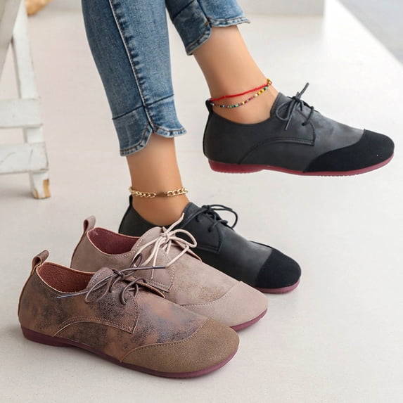 Women's Wide Width Casual Loafers, Breathable Suede Lace-Up Round Toe Shoes, Comfortable Soft Sole Walking Shoes for Daily Wear, Work, Shopping - Black/Brown/Beige
