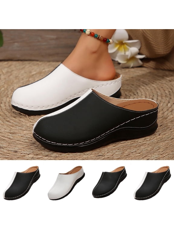 Women's Wide Width Closed Toe Mules, Slip-On Backless Clogs with Stitched Detail, Comfortable Casual Shoes for Spring & Summer, Black/White