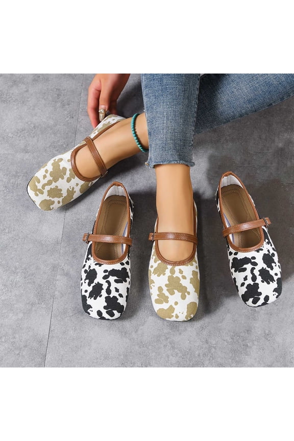 Women's Wide Width Cow Print Mary Jane Flats, Square Toe Soft Sole Casual Dress Shoes with Adjustable Strap for Spring & Fall, Multi-Color