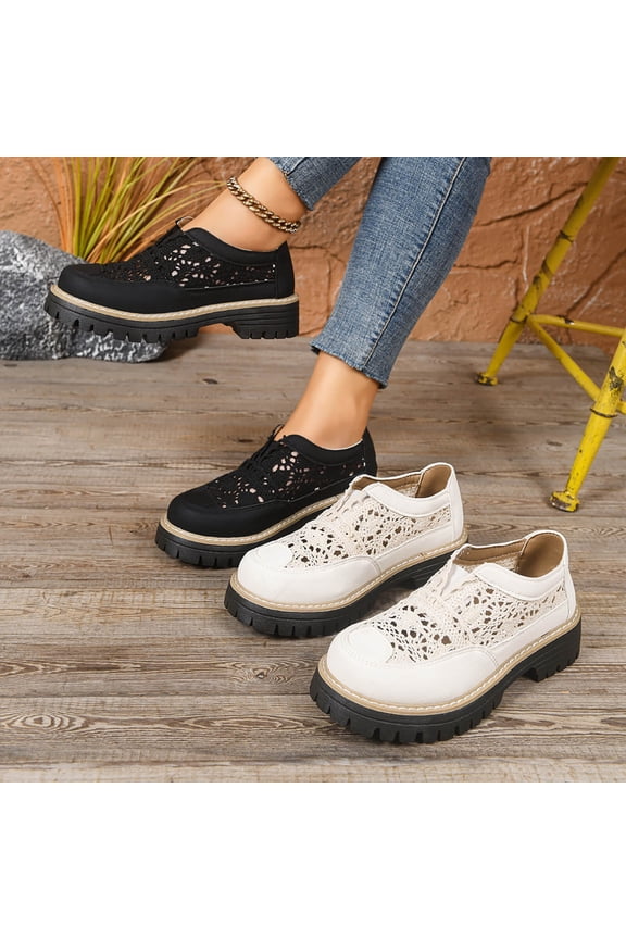 Women's Wide Width Crochet Platform Loafers, Round Toe Slip-On Casual Dress Shoes for Spring & Summer, Black/White