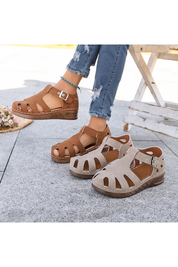 Women's Wide Width Cutout Wedge Sandals, Peep Toe Adjustable Ankle Strap Casual Shoes for Summer, Brown/Beige