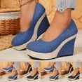 thumbnail image 1 of Women's Wide Width Denim Espadrille Wedge Pumps, Round Toe Platform Shoes with Braided Jute Heel, Comfortable Casual Dress Shoes for Spring & Fall, Blue/Black, 1 of 10