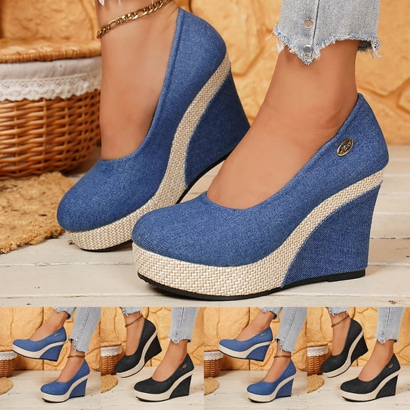 Women's Wide Width Denim Espadrille Wedge Pumps, Round Toe Platform Shoes with Braided Jute Heel, Comfortable Casual Dress Shoes for Spring & Fall, Blue/Black