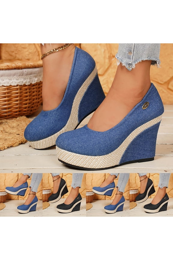 Women's Wide Width Denim Espadrille Wedge Pumps, Round Toe Platform Shoes with Braided Jute Heel, Comfortable Casual Dress Shoes for Spring & Fall, Blue/Black
