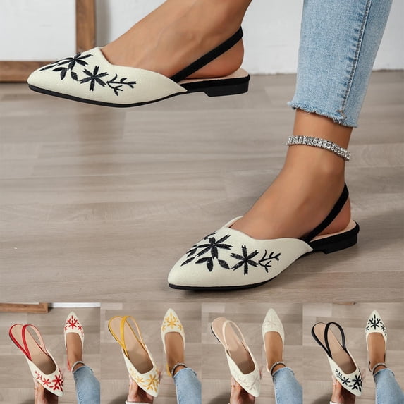 Women's Wide Width Embroidered Floral Slingback Flats, Pointed Toe Breathable Knit Casual Dress Sandals for Spring & Summer, Multi-Color