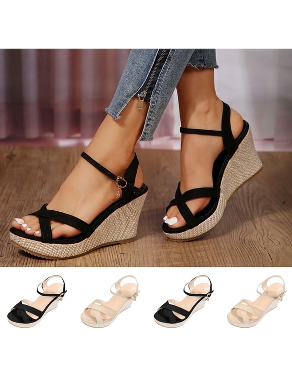 Women's Wide Width Espadrille Wedge Sandals, Crisscross Ankle Strap Platform Shoes with Braided Jute Heel, Comfortable Casual Summer Heels, Black/Beige