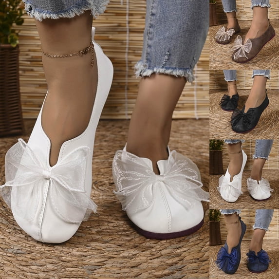 Women's Wide Width Flat Loafers, Breathable Leather Slip-On Shoes with Tulle Bow, Comfortable Soft Sole Walking Shoes for Daily Wear, Work, Shopping - White/Black/Brown/Blue