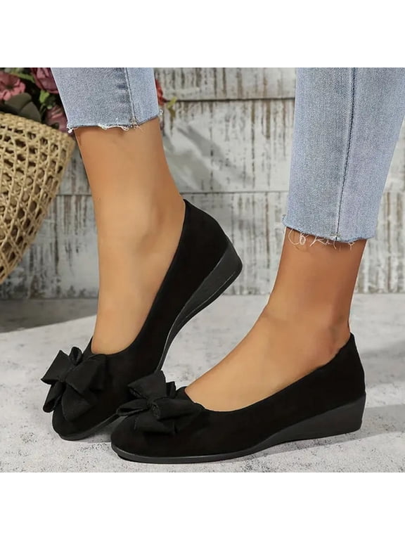 Women's Wide Width Flat Shoes - Ladies Pointed Toe Suede Slip On Office Ballet Flats Black 7