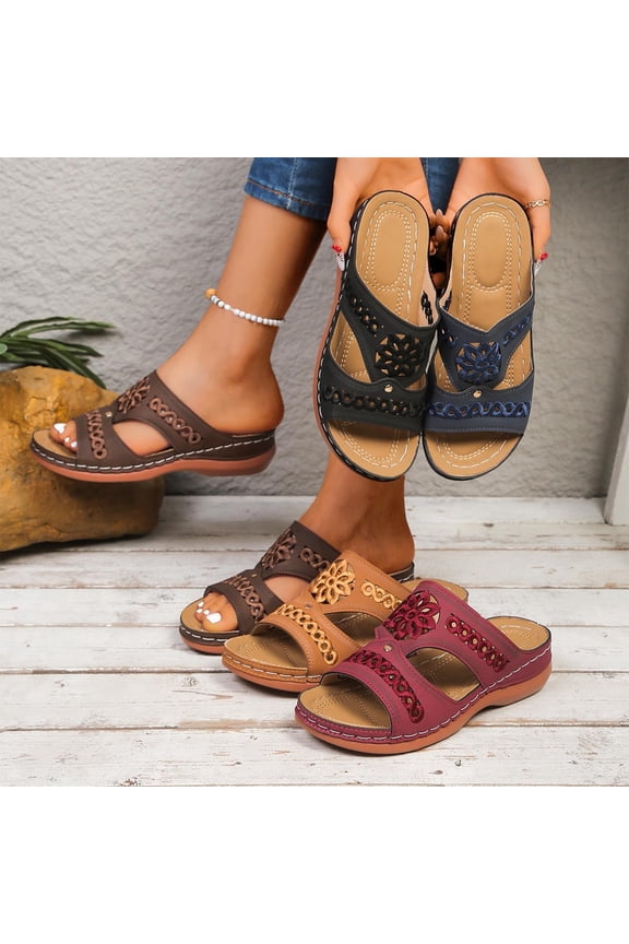 Women's Wide Width Floral Cutout Wedge Slide Sandals, Open Toe Faux Leather Platform Slippers, Comfortable Casual Summer Shoes for Beach & Daily Wear, Multi-Color