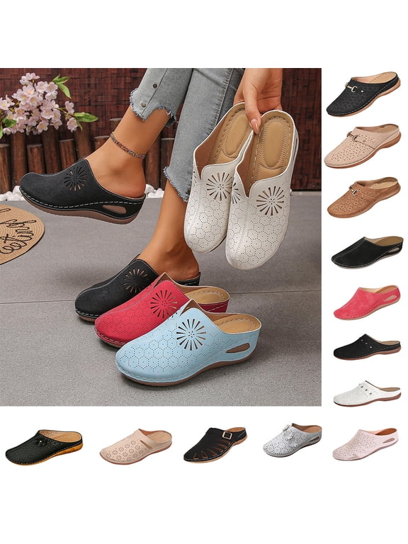 Women's Wide Width Floral Perforated Mules, Closed Toe Low Wedge Backless Clogs with Sunburst Cutouts, Comfortable Casual Shoes for Spring & Summer, Multi-Color