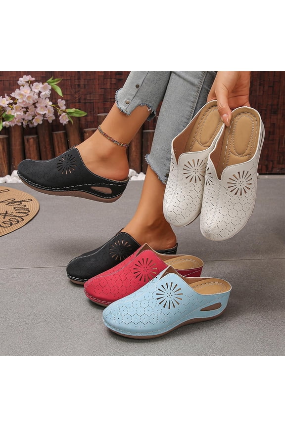 Women's Wide Width Floral Perforated Mules, Closed Toe Low Wedge Backless Clogs with Sunburst Cutouts, Comfortable Casual Shoes for Spring & Summer, Multi-Color