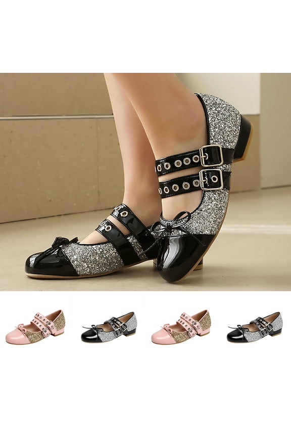 Women's Wide Width French Mary Jane Heels, Patent Leather & Glitter Cutout Round Toe Shoes with Double Buckle Strap & Bow Accent, Comfortable Low Block Heel Dress Shoes, Black/Pink