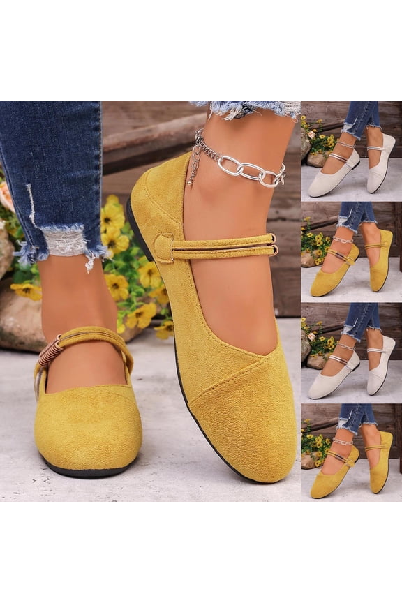 Women's Wide Width French Retro Mary Jane Flats, Faux Suede Round Toe Adjustable Strap Casual Dress Shoes for Spring, Yellow/White