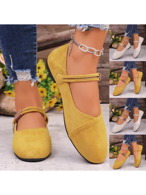 Women's Wide Width French Retro Mary Jane Flats, Faux Suede Round Toe Adjustable Strap Casual Dress Shoes for Spring, Yellow/White
