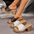 thumbnail image 1 of Women's Wide Width Glitter Platform Mules, Chunky Block Heel Peep Toe Slide Sandals, Comfortable Casual Fall Heels, Black/White, 1 of 10