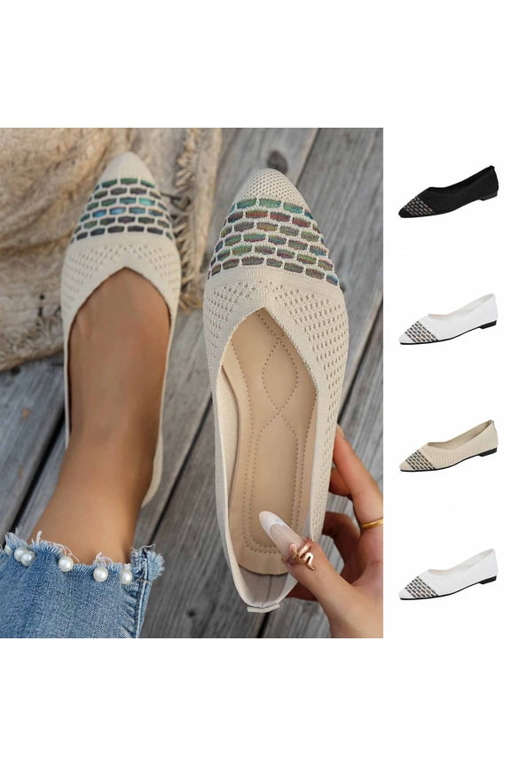 Women's Wide Width Knit Flats, Breathable Pointed Toe Slip-On Shoes, Comfortable Soft Sole Walking Shoes for Daily Wear, Work, Shopping - Beige/Black/White