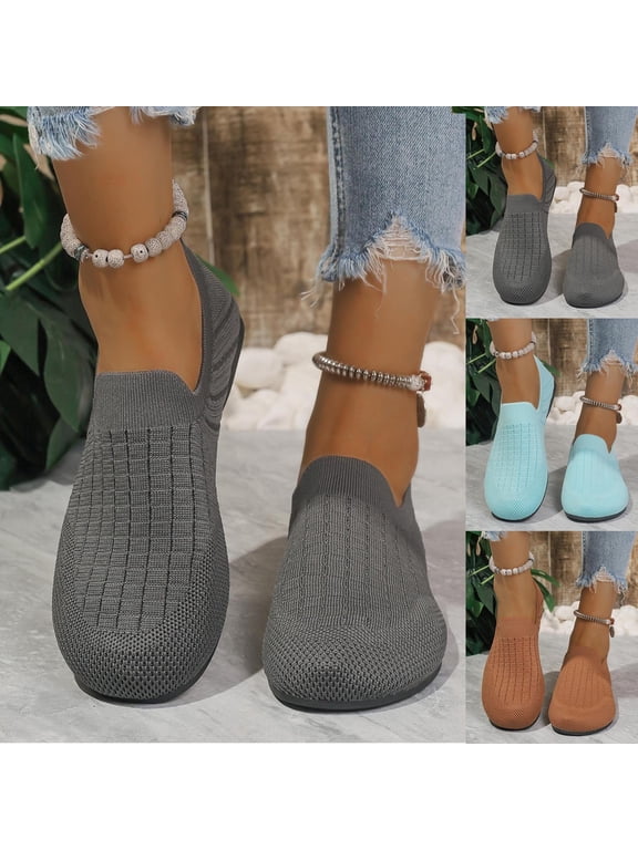 Women's Wide Width Knit Slip-On Flats, Round Toe Breathable Lightweight Casual Dress Shoes for Spring & Summer, Multi-Color