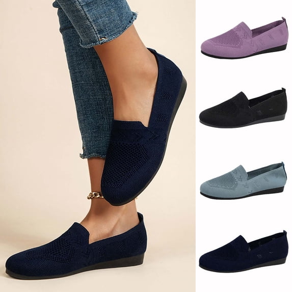 Women's Wide Width Knit Slip-On Flats, Round Toe Breathable Lightweight Casual Dress Shoes for Spring & Summer, Multi-Color