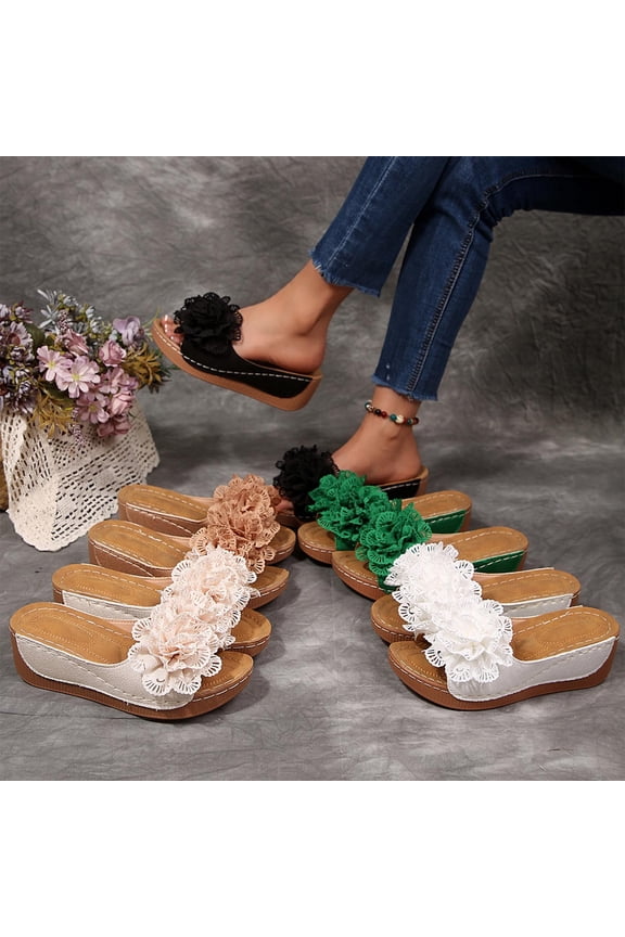 Women's Wide Width Lace Floral Wedge Slide Sandals, Open Toe Platform Mules with 3D Ruffle Flower Detail, Comfortable Casual Shoes for Summer, Multi-Color