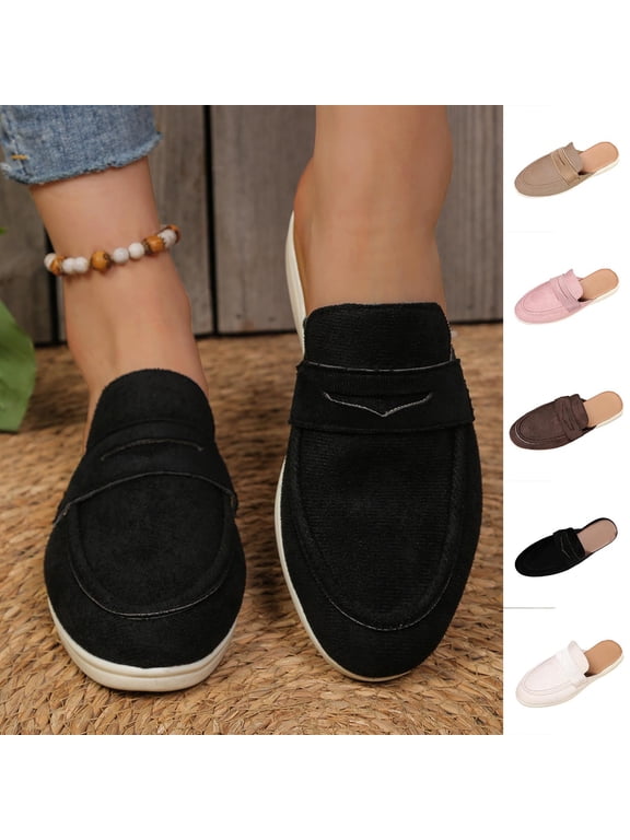 Women's Wide Width Linen Mules, Slip-On Round Toe Soft Sole Casual Flat Shoes for All Seasons, Multi-Color