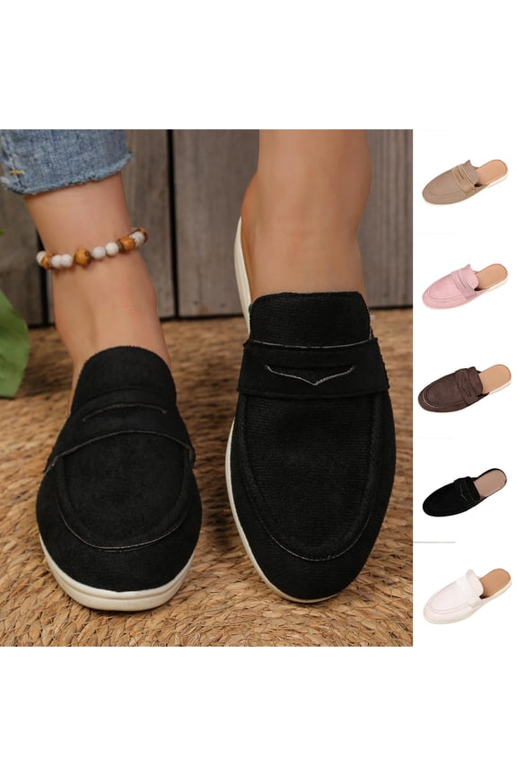 Women's Wide Width Linen Mules, Slip-On Round Toe Soft Sole Casual Flat Shoes for All Seasons, Multi-Color
