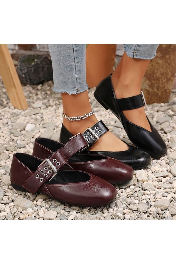 Women's Wide Width Mary Jane Flats, Faux Leather Square Toe Adjustable Buckle Strap Casual Dress Shoes for Spring & Fall, Black/Burgundy