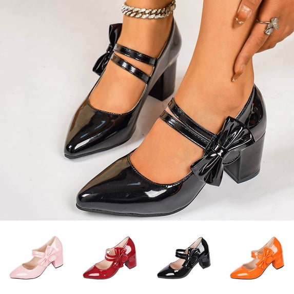 Women's Wide Width Mary Jane Heels, Patent Leather Bow Accent Pointed Toe Pumps, Chunky Block Heel Dress Shoes for All Seasons, Multi-Color