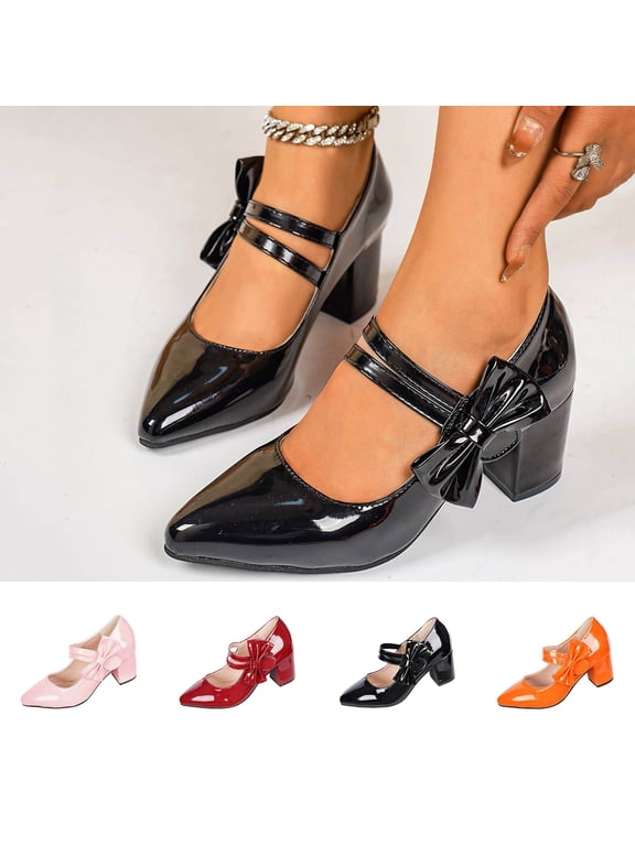 Women's Wide Width Mary Jane Heels, Patent Leather Bow Accent Pointed Toe Pumps, Chunky Block Heel Dress Shoes for All Seasons, Multi-Color